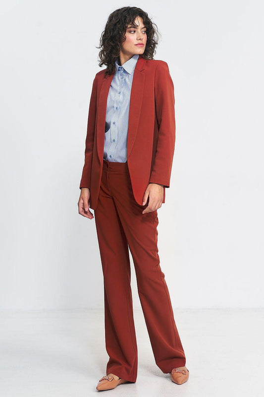 Women’s red blazer jacket with notch lapels and open front, long sleeves