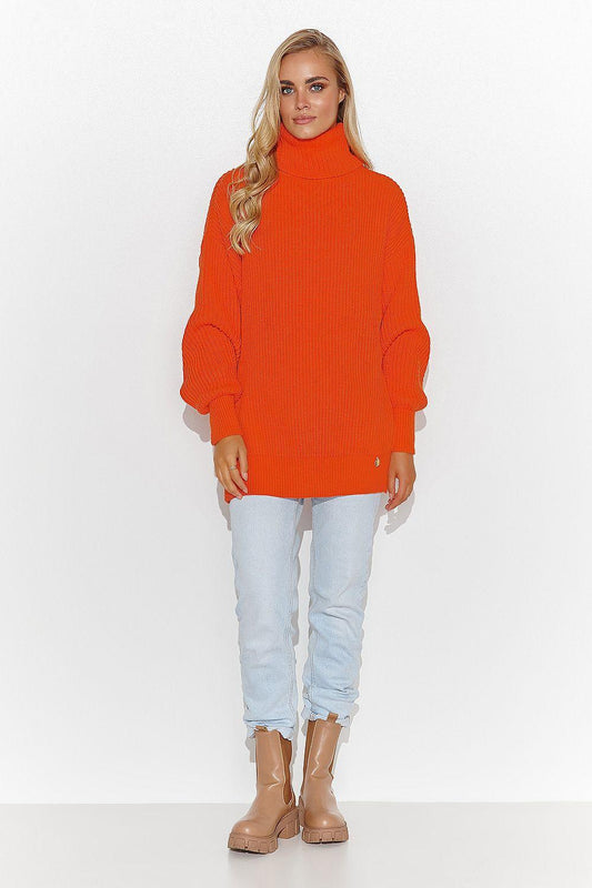 Orange chunky knit turtleneck sweater, loose fit with dropped shoulders