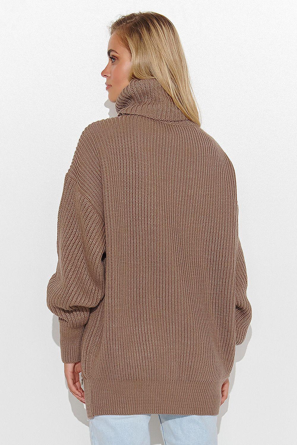 Brown chunky knit turtleneck sweater from back view with long sleeves