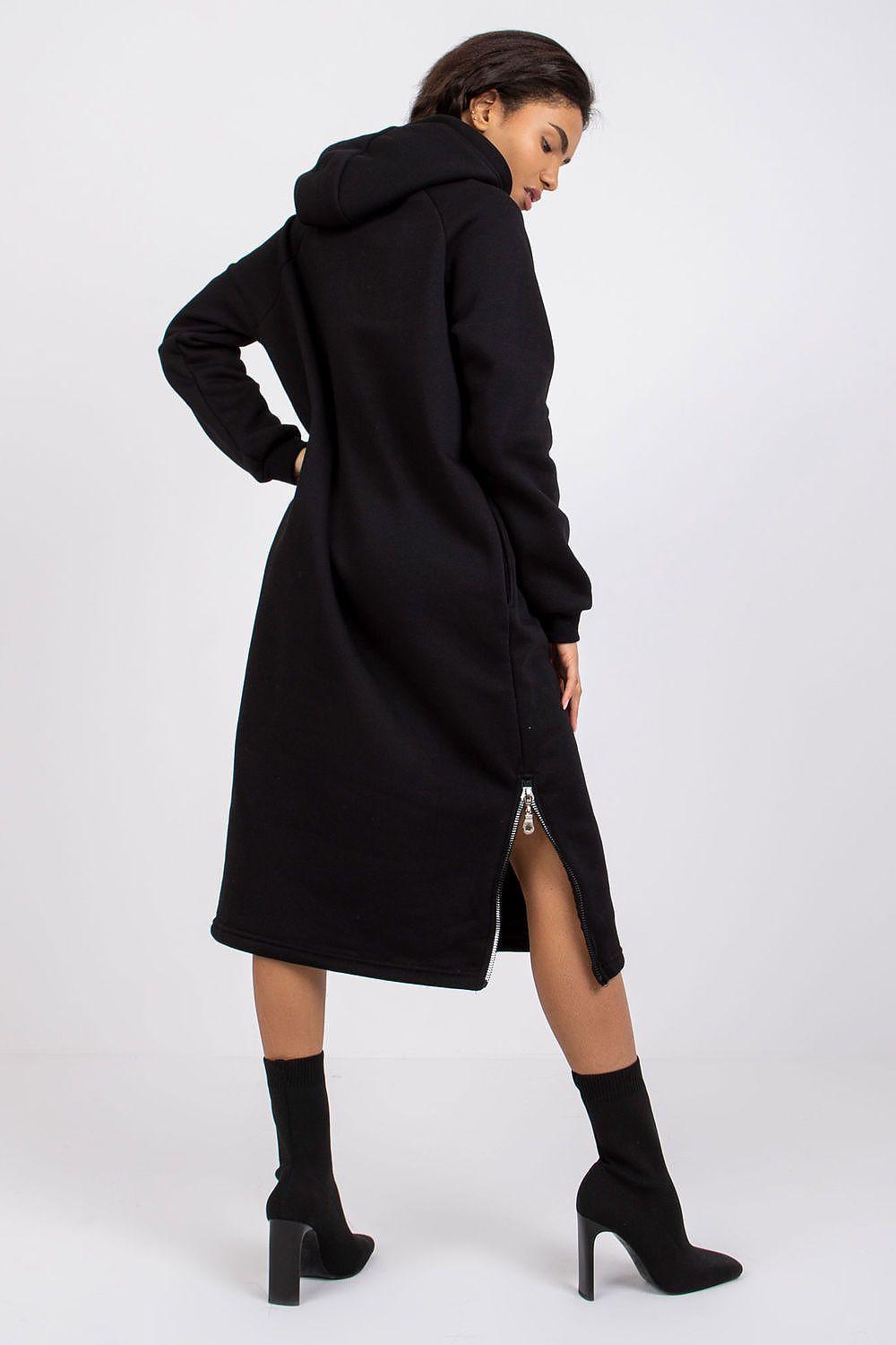 Black hooded daydress with front slit and long sleeves, midi length