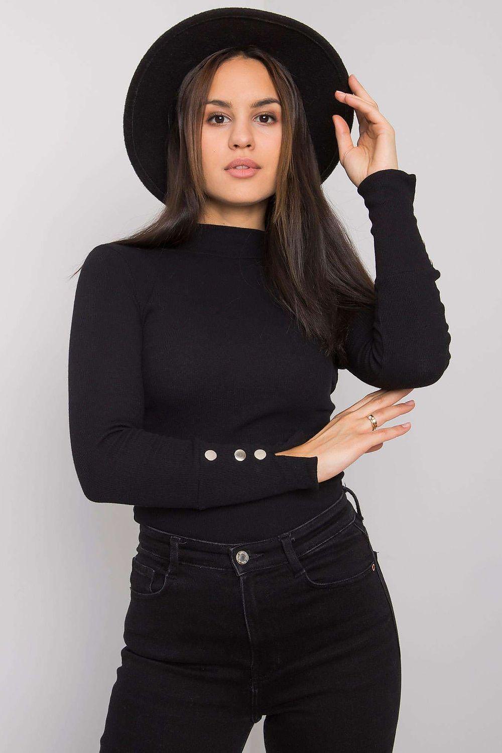 Black ribbed long-sleeve blouse with high neck and button cuffs