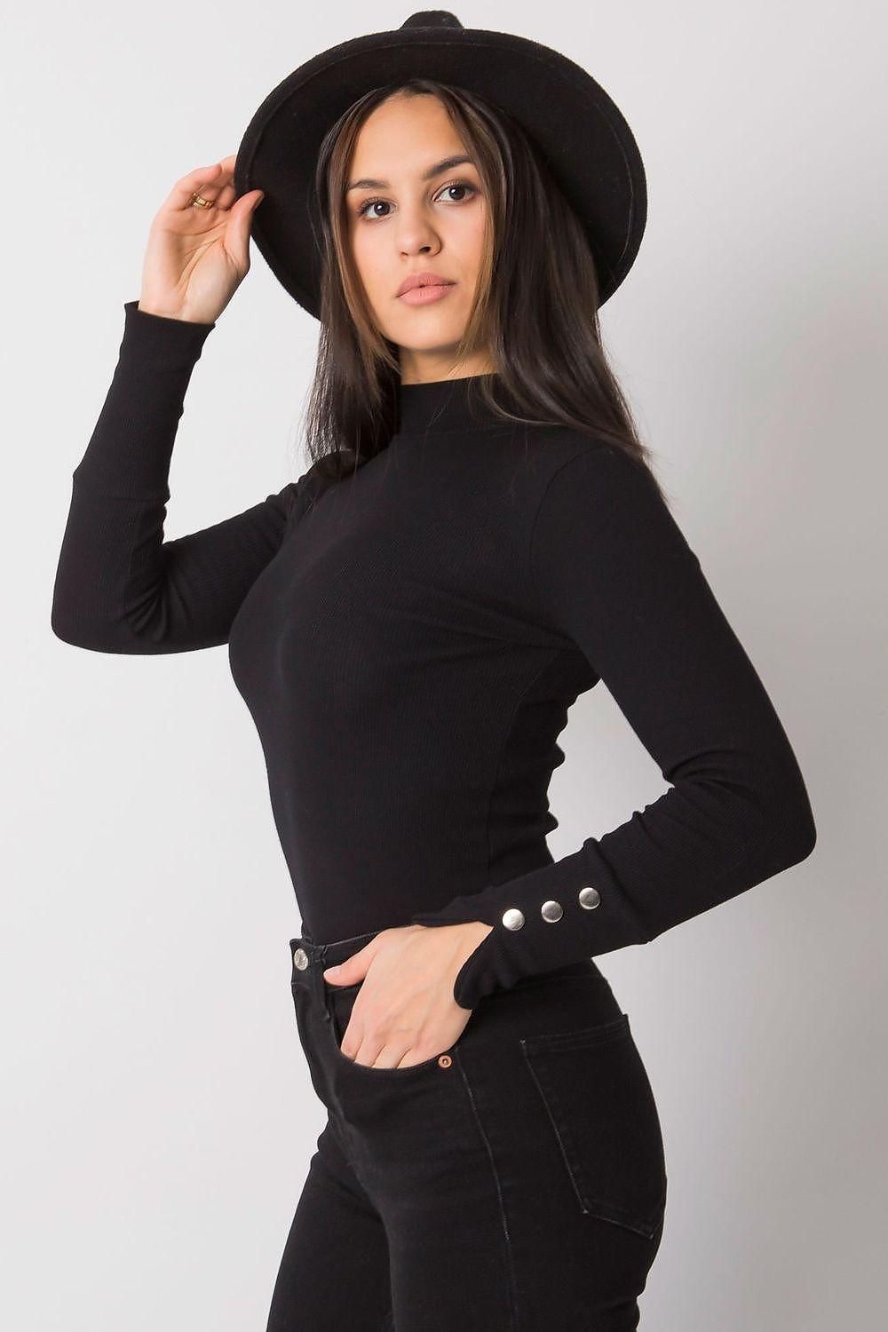 Rue Paris blouse black with high neck, long sleeves, and three-button cuff