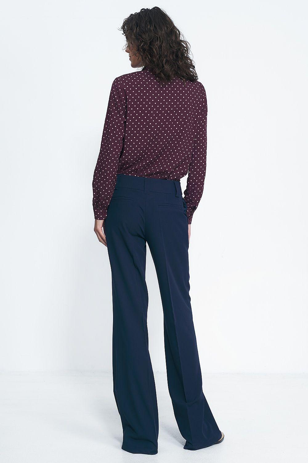 High-waist wide-leg trousers in dark navy, back view with wide flared legs