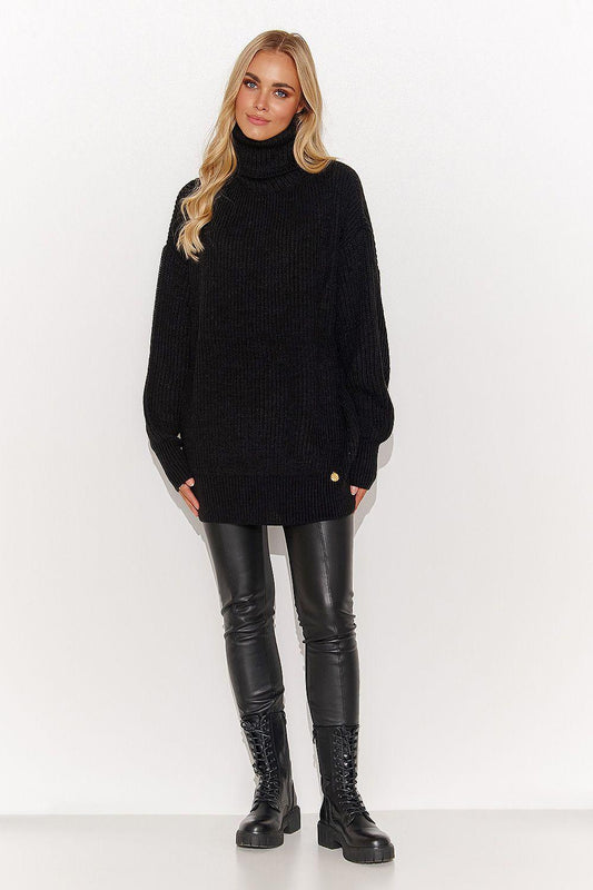 Black chunky knit turtleneck sweater, relaxed fit, ribbed cuffs and hem