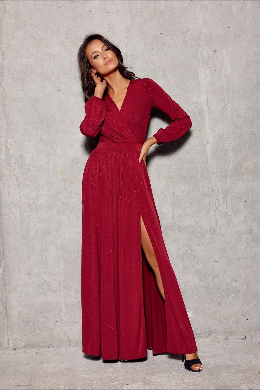 Red brocade maxi dress with waist belt, V-neck, long sleeves, side slit