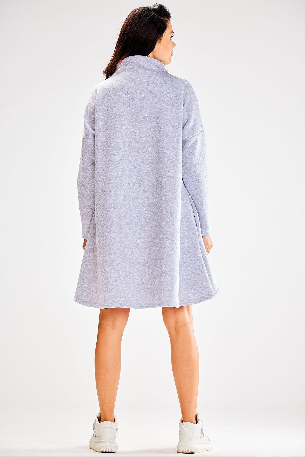 Grey Awama daydress back view with high neck, long sleeves and flared A-line hem