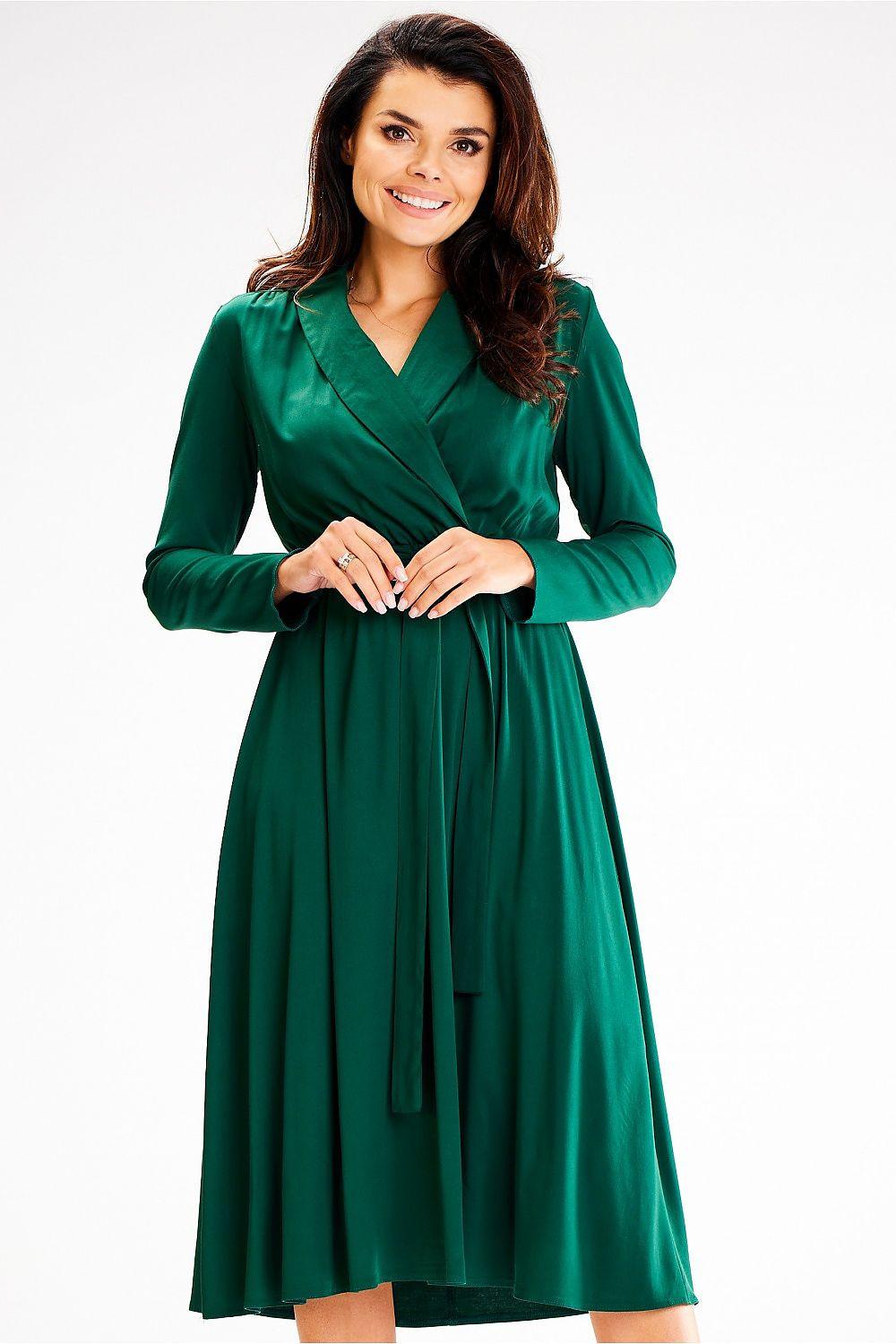 Green long-sleeve wrap daydress with V-neck, tie belt and pleated midi skirt