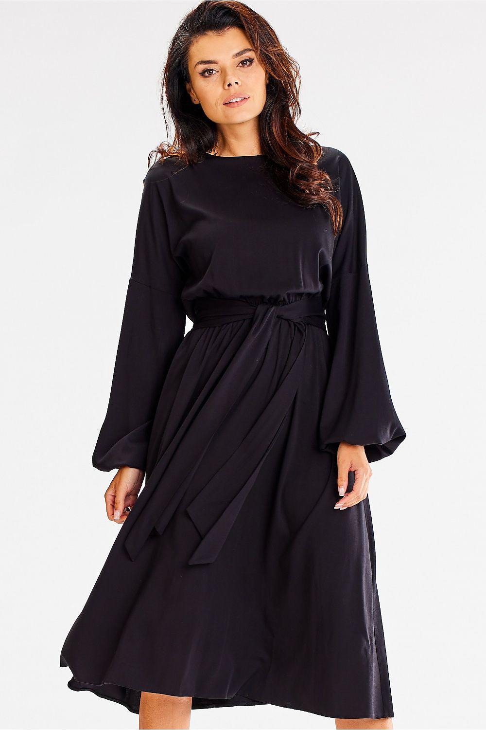 Black daydress by awama, long sleeves, gathered waist, draped midi skirt