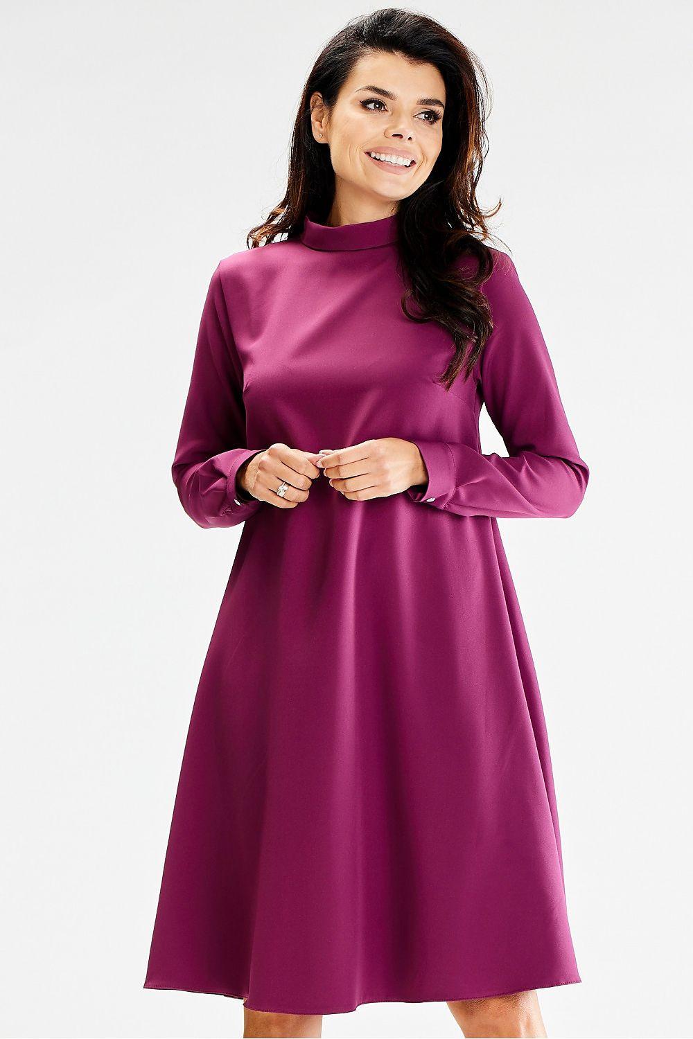Violet day dress with long sleeves, high neck, and A-line midi skirt