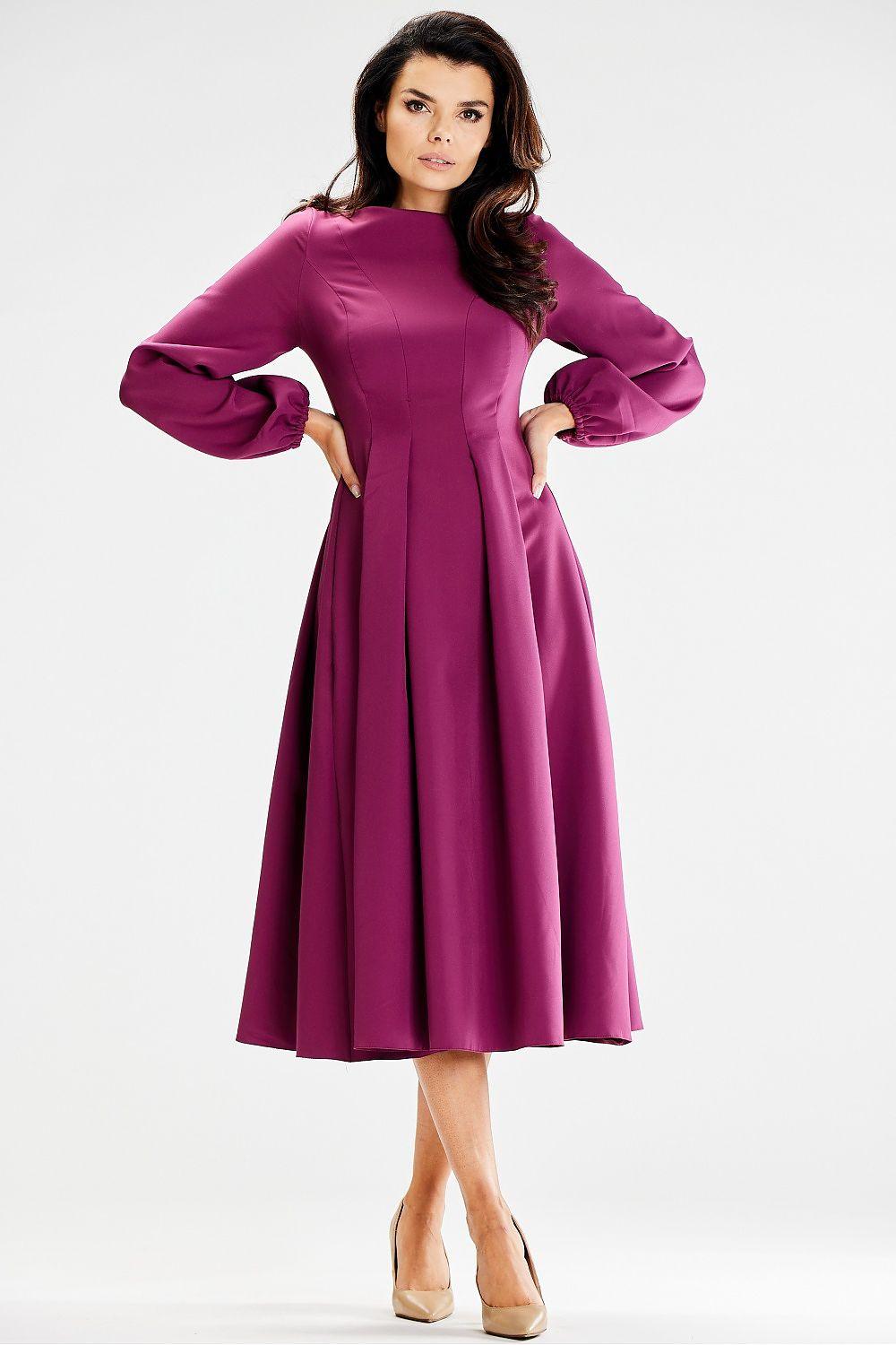 Violet midi day dress with round neck, long balloon sleeves, gathered skirt