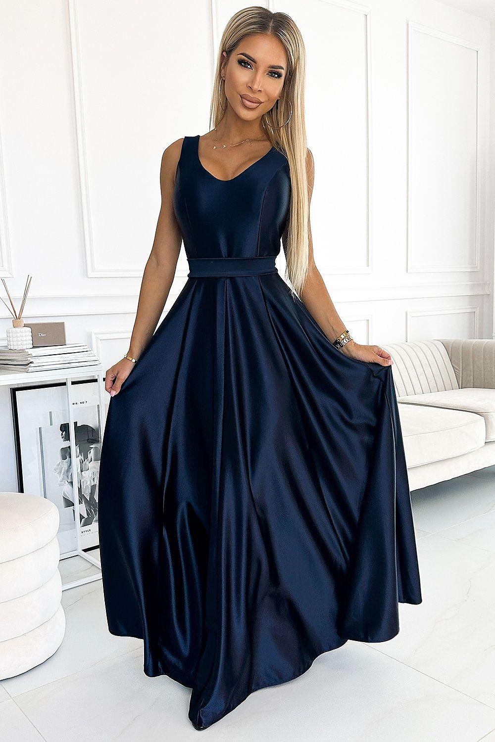 Satin maxi dress, sleeveless V-neck, navy blue with fitted waist and flowing skirt