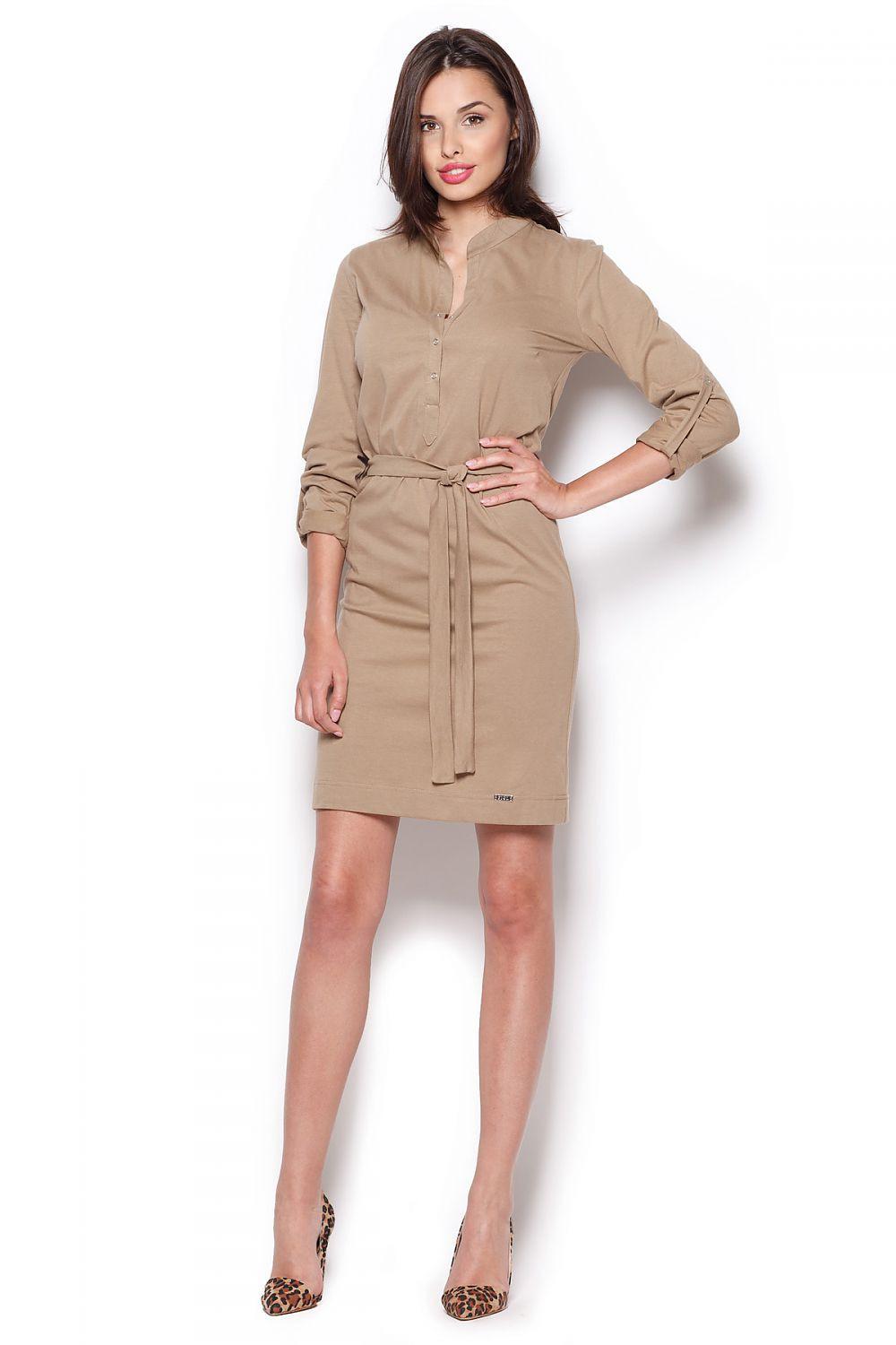 Beige long-sleeve daydress with button-front and waist tie, knee length