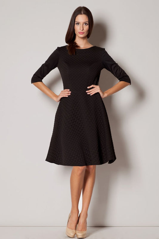 Figl daydress, black textured fit-and-flare with 3/4 sleeves and round neckline