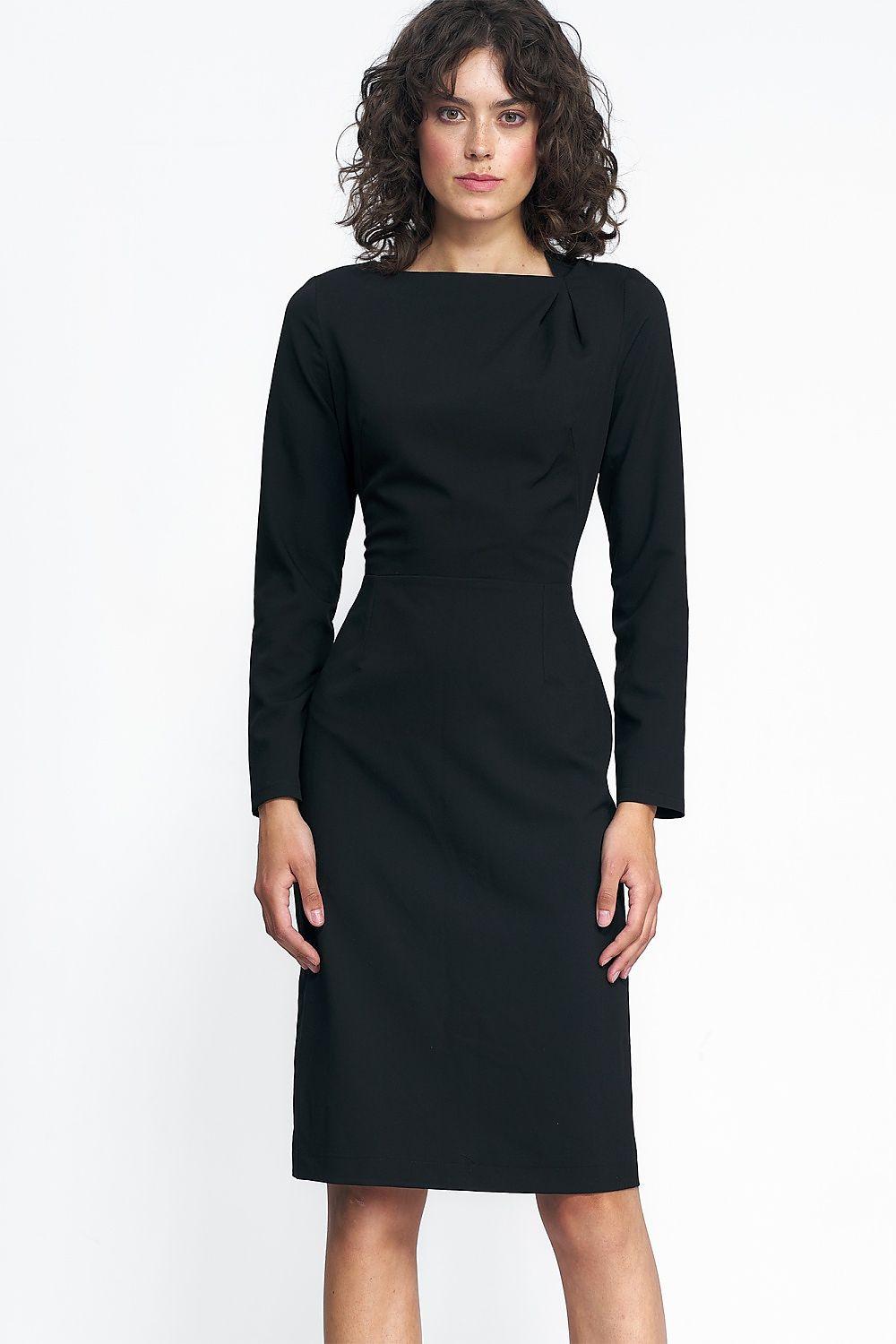 Nife black daydress with long sleeves and bateau neckline, fitted waist, knee length