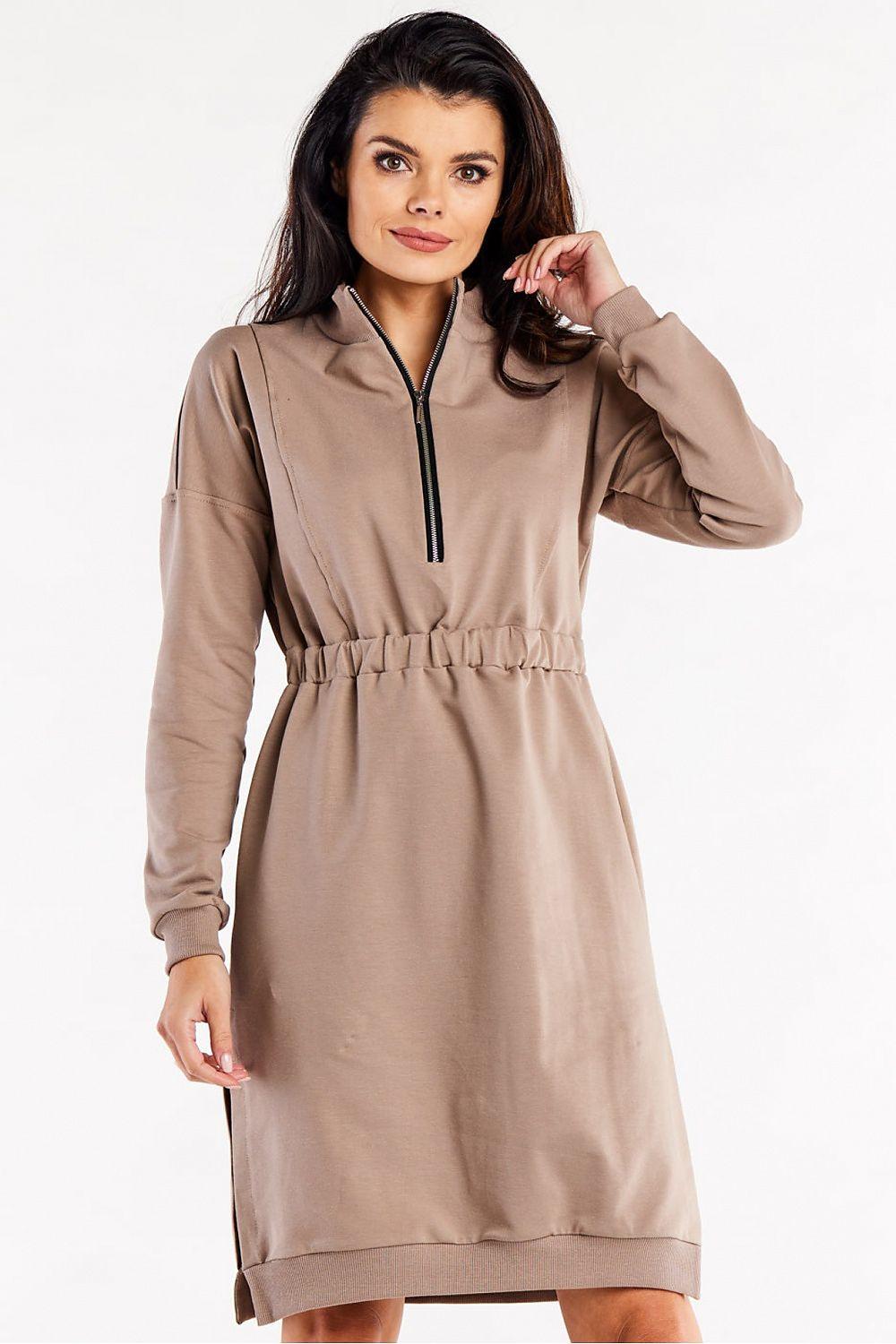 Beige daydress with half-zip mock collar and long sleeves, gathered waist
