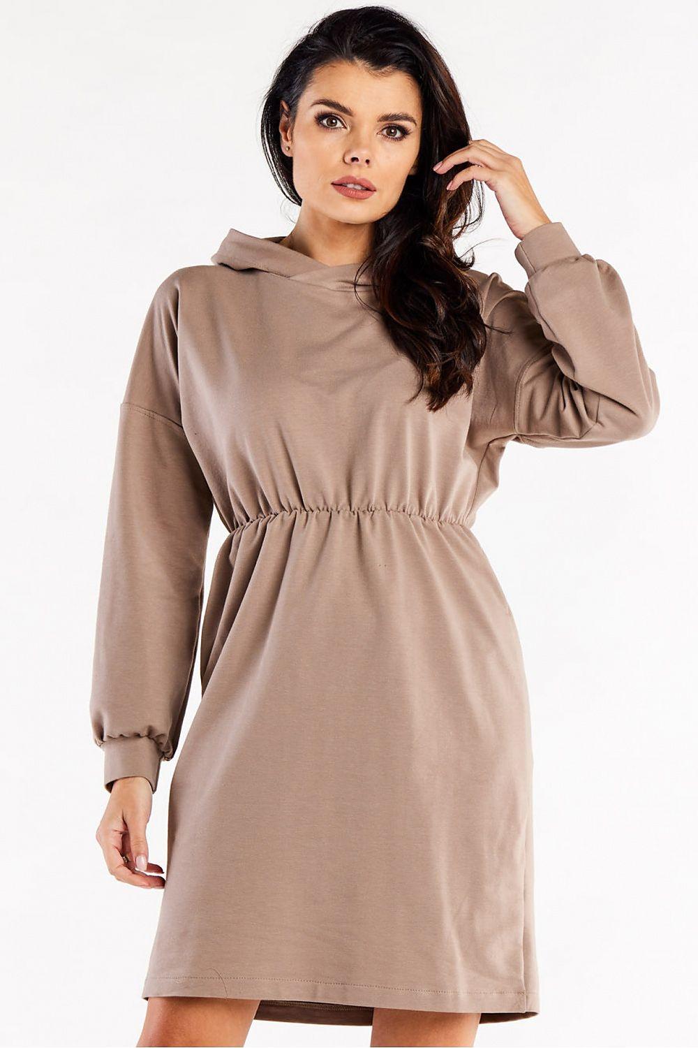 Beige day dress with hood, long sleeves, gathered waist and cuffs