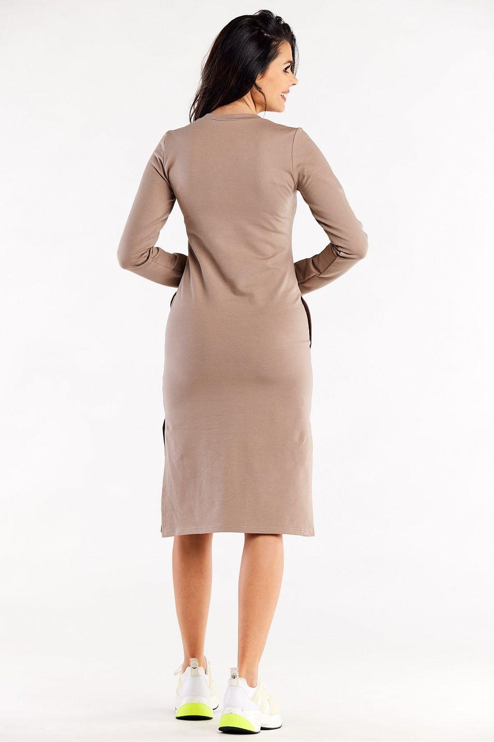 Beige V-neck long-sleeve daydress, back view, knee-length