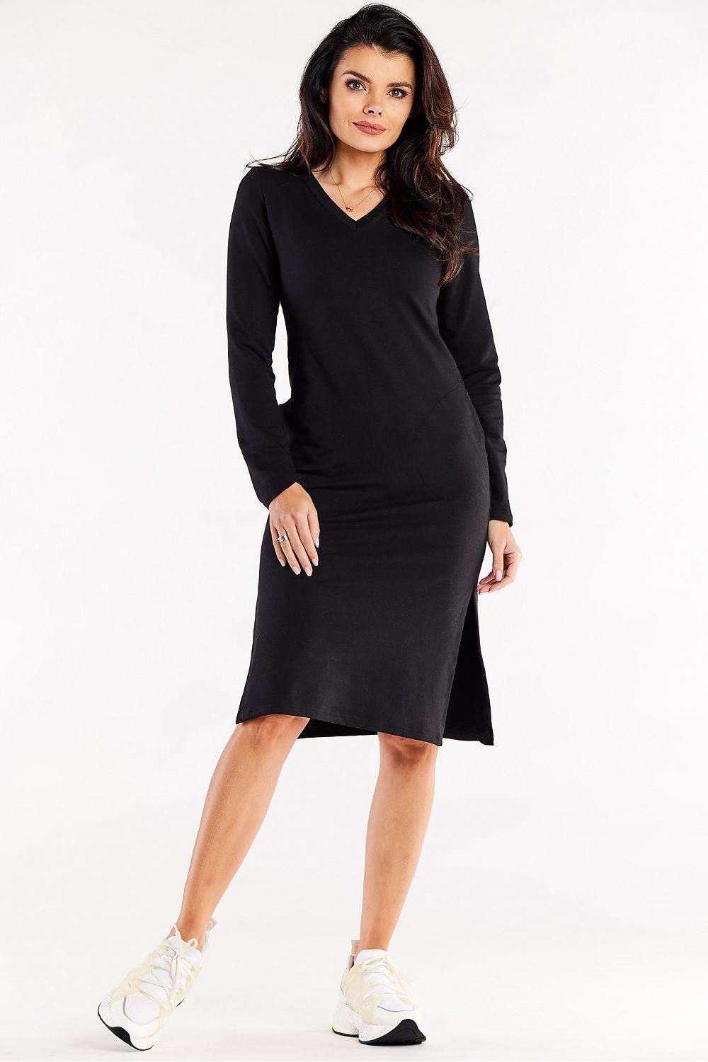 Black V-neck long-sleeve daydress, knee-length with side slit