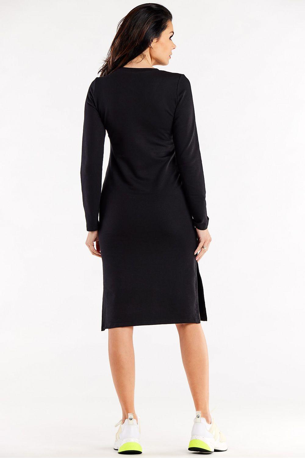 Black V-neck long-sleeve daydress, back view, knee-length