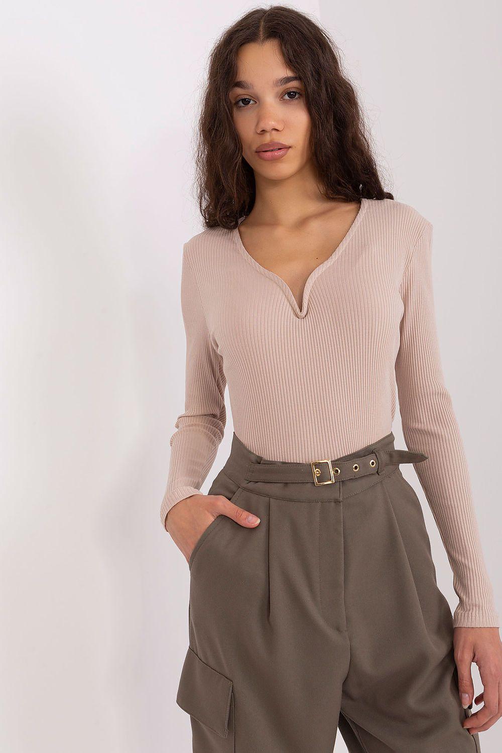 Ribbed V-neck long-sleeve blouse with button placket, beige