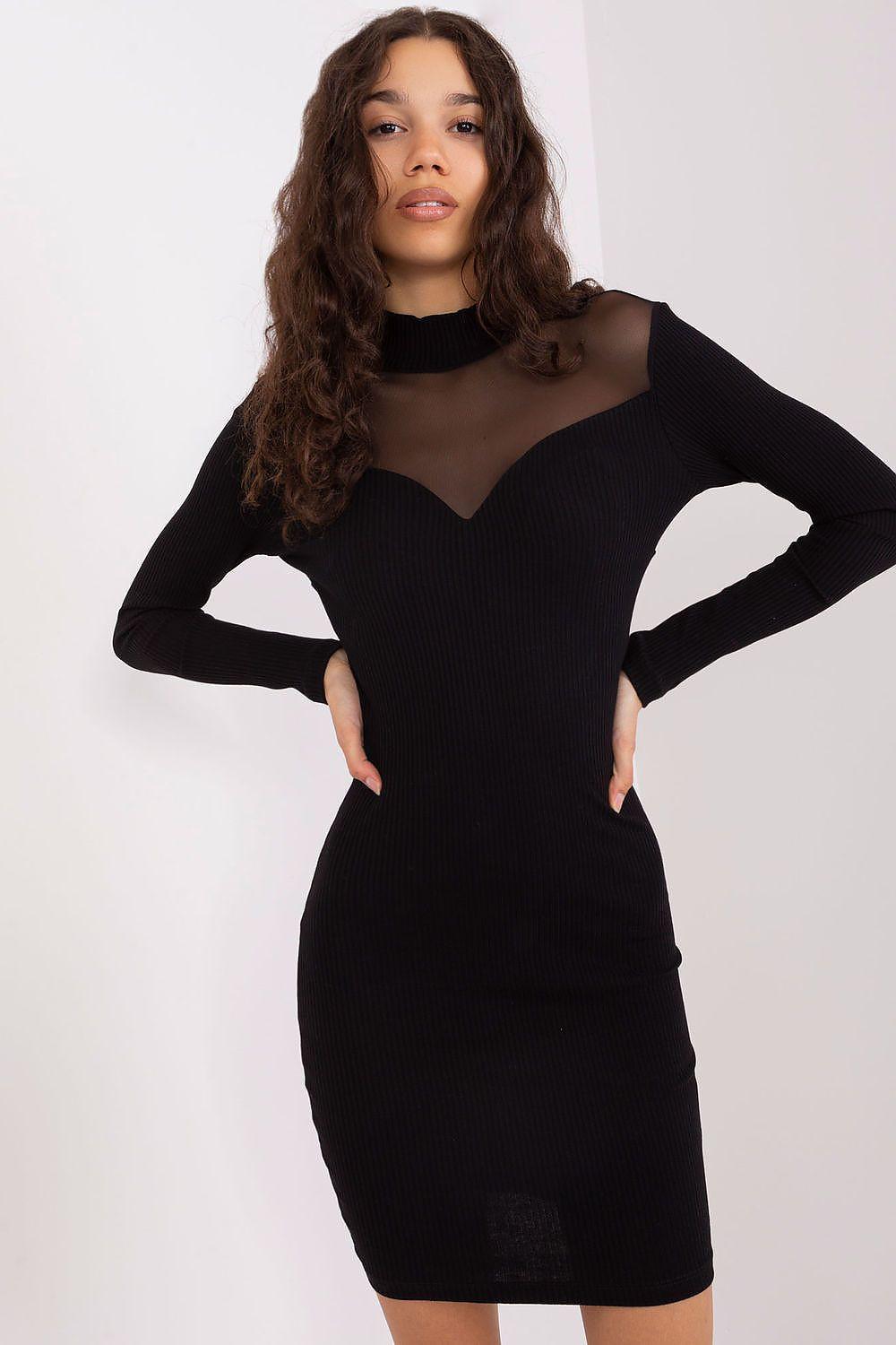 Ribbed evening dress with sheer high neckline, long sleeves, fitted black mini length