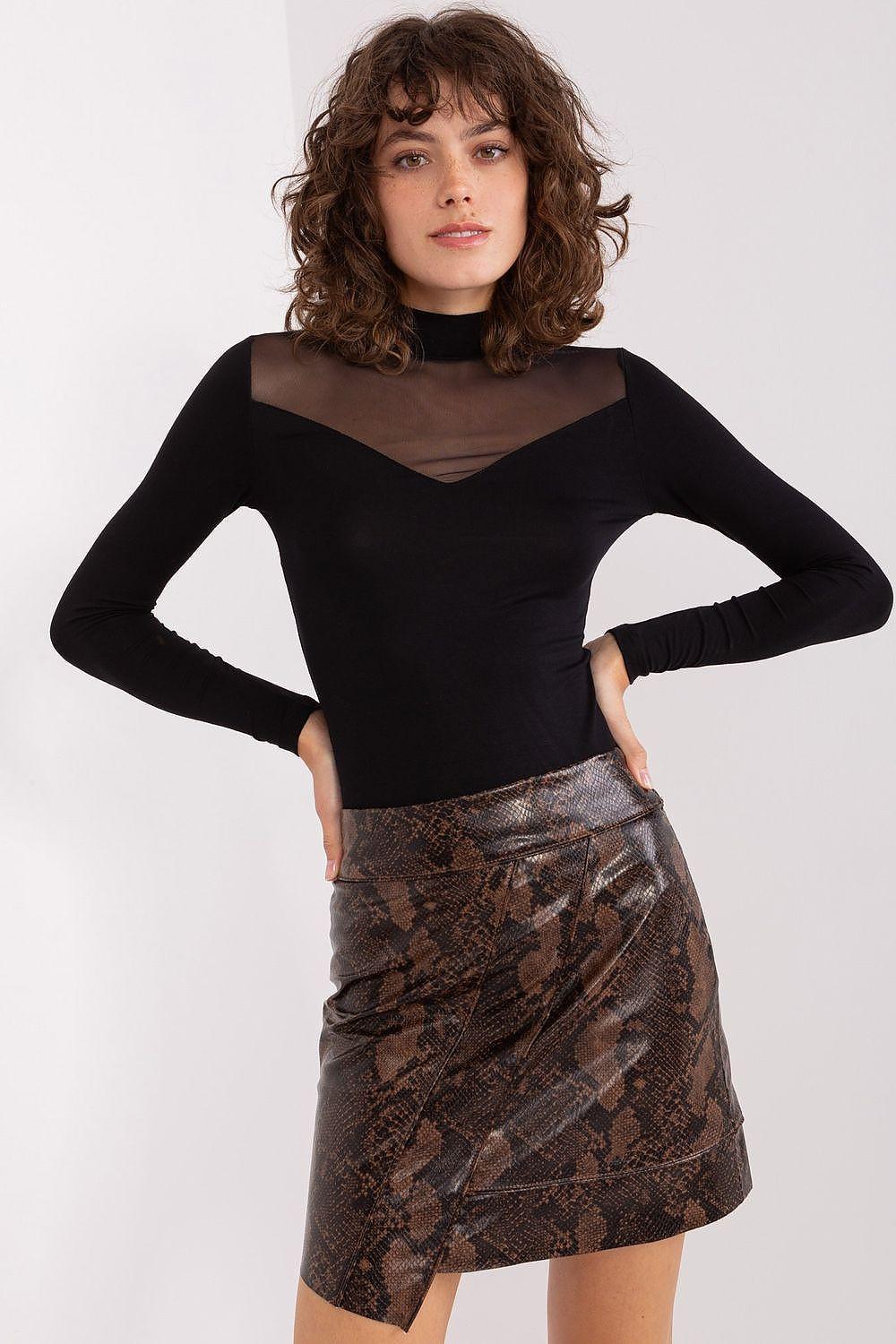 Black long-sleeve blouse with sheer V yoke and high neck