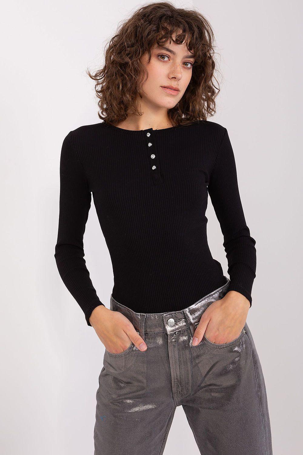 Black long-sleeve ribbed blouse with button henley placket and small stud details