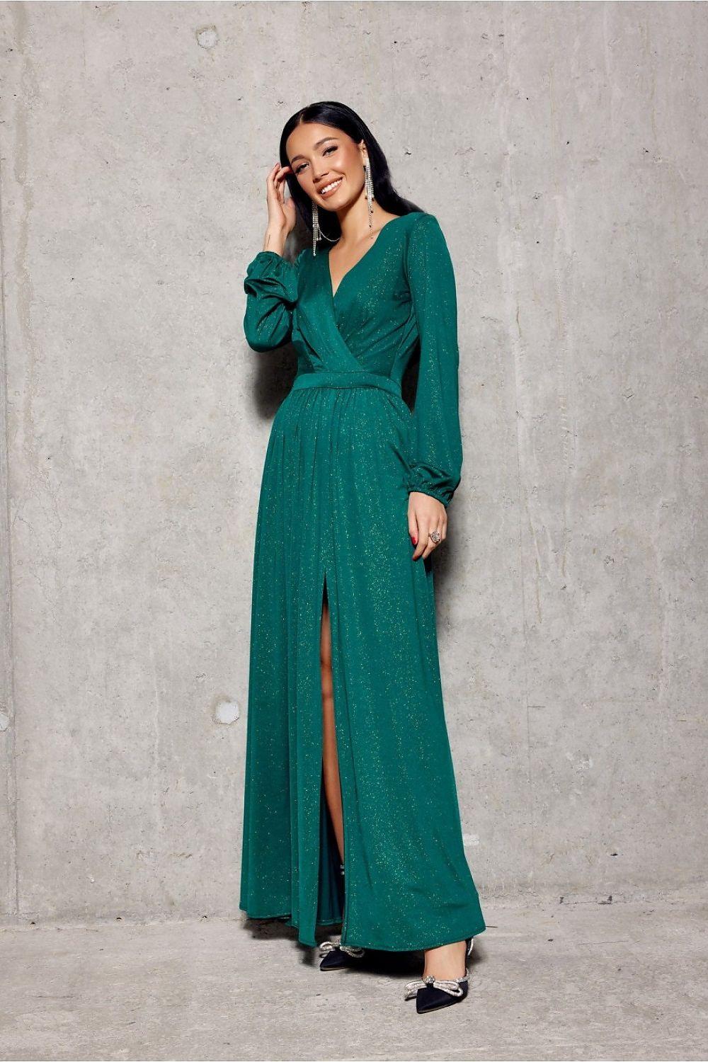 Green long dress with V-neck, long sleeves, gathered waist, and side slit.