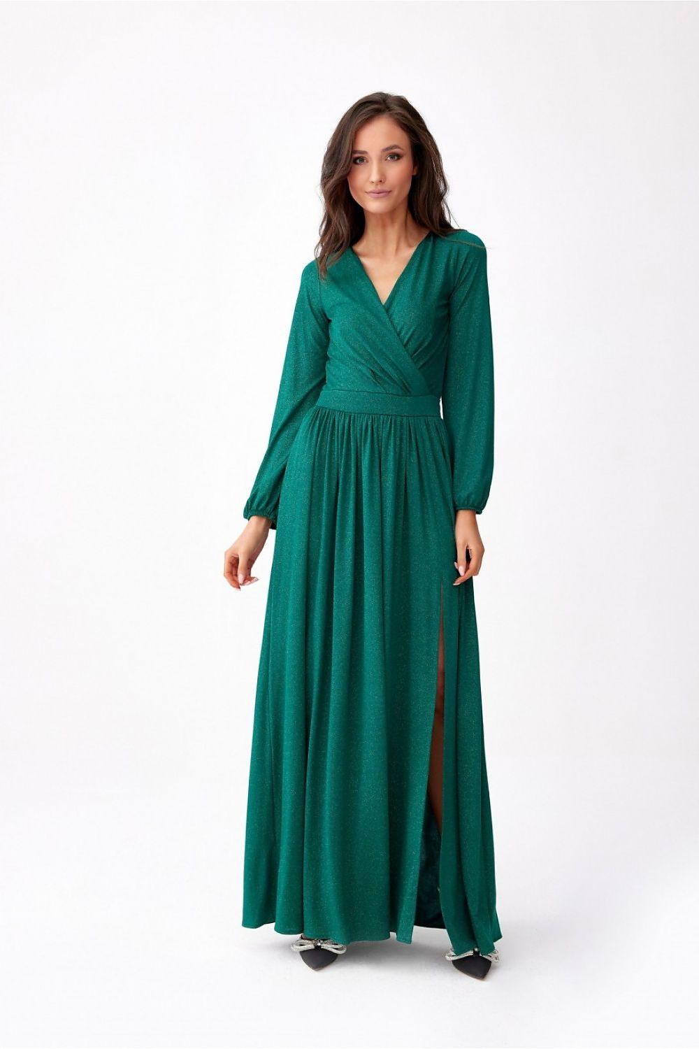 Green long dress with V-neck and long sleeves, relaxed fit with side slit.