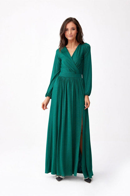 Green long dress with V-neck and long sleeves, relaxed fit with side slit.