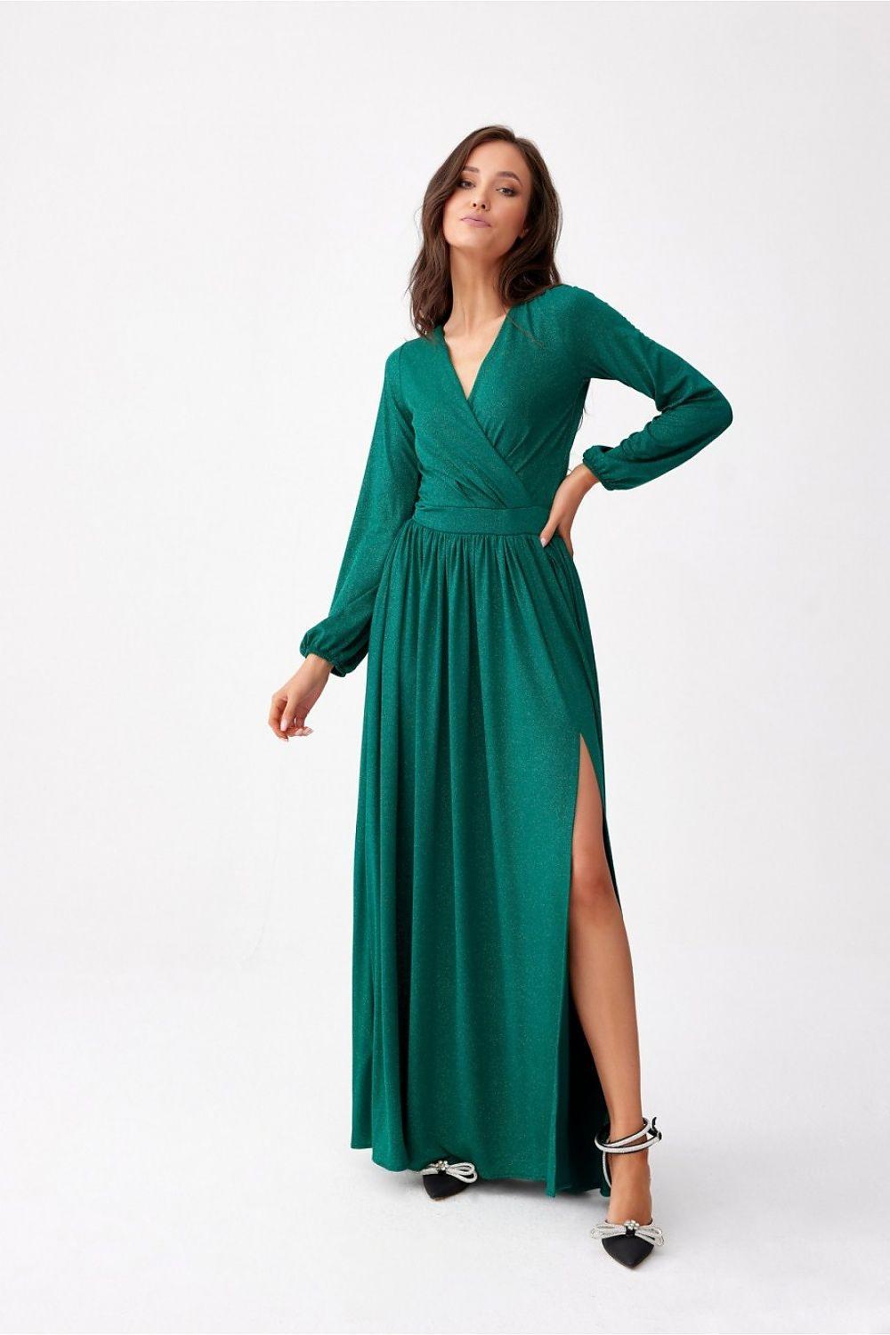Green long-sleeve maxi dress with V-neck, gathered waist, and front slit