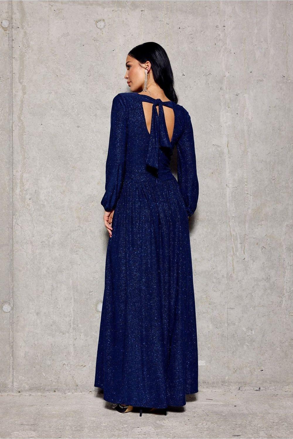 Navy maxi dress back view with open keyhole and long sleeves