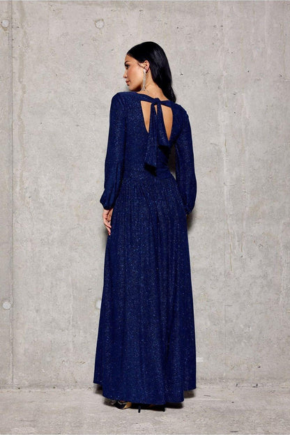 Navy maxi dress back view with open keyhole and long sleeves