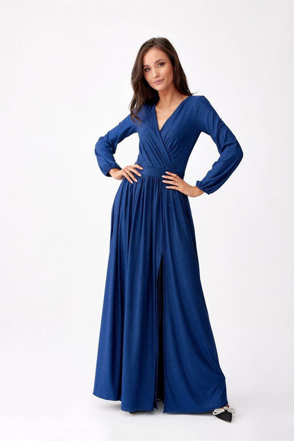 Blue long-sleeve maxi dress with V-neck and gathered skirt with side slit