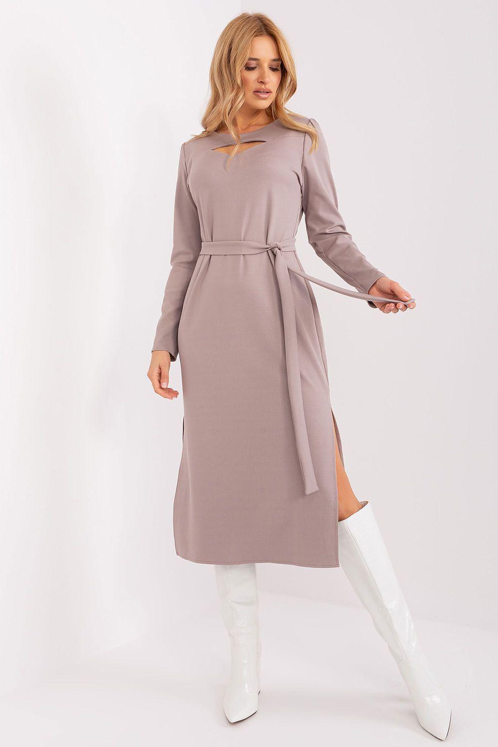 Grey midi daydress with long sleeves, tied waist belt, and front side slit