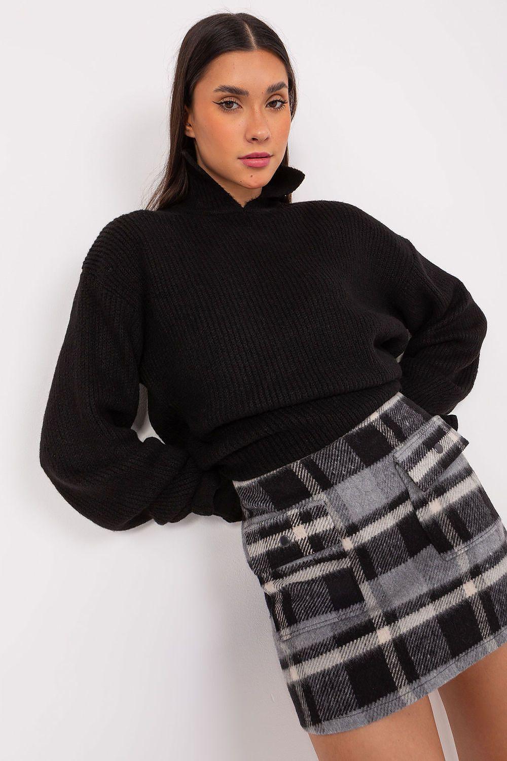Grey and black plaid mini skirt with A-line hem and elastic waist