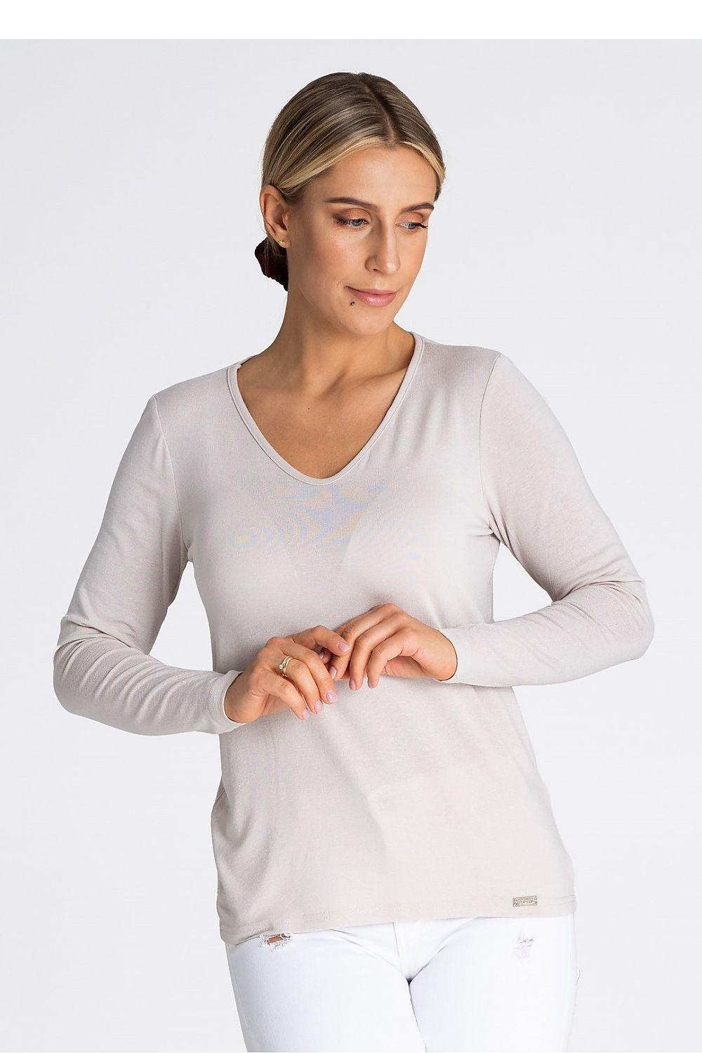 Figl V-neck blouse with long sleeves, light beige knit