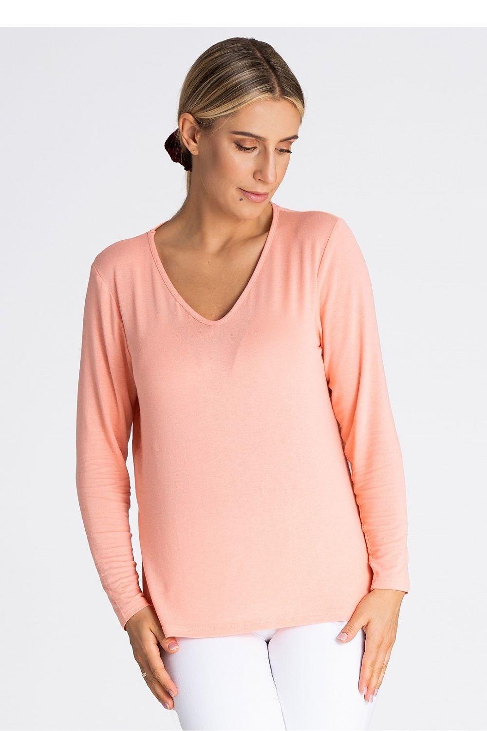 Pink V-neck long-sleeve blouse with relaxed fit