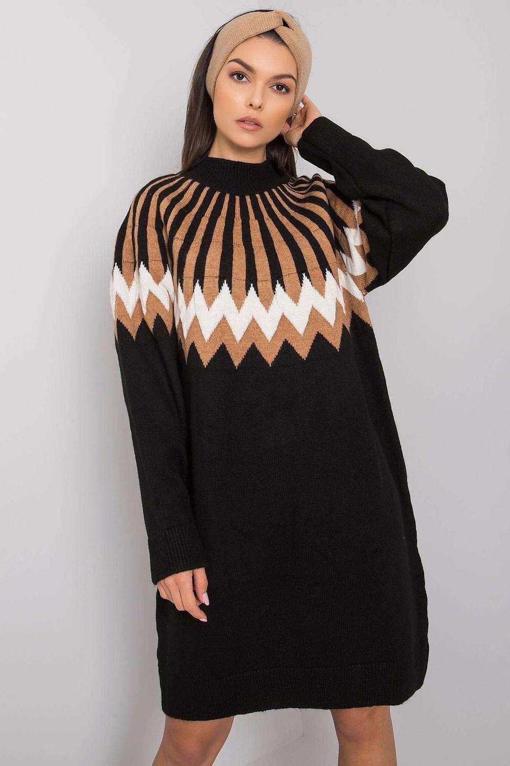 Black daydress with long sleeves and chevron yoke in tan, white, and brown
