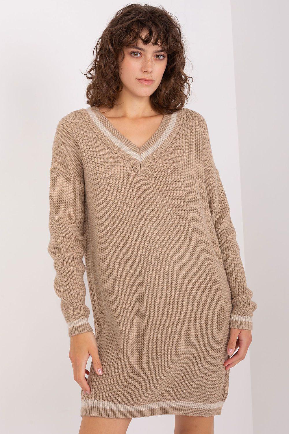 Beige knit daydress, V-neck, long sleeves, ribbed striped trim at hem