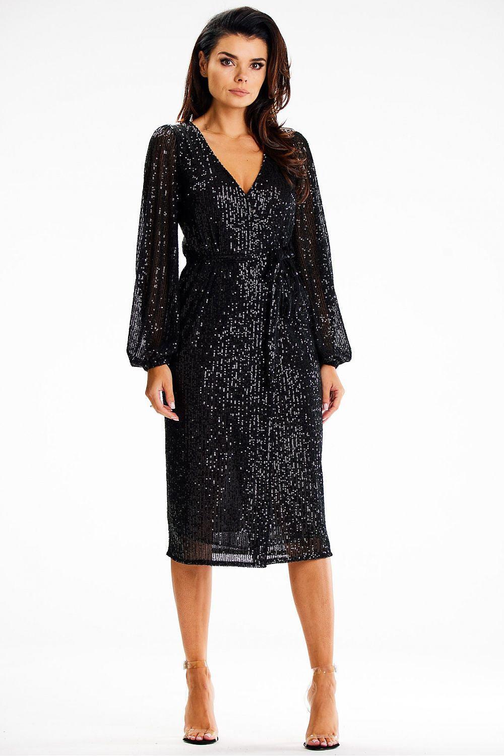 Sequin envelope midi dress, black V-neck, long sleeves, tie belt at waist