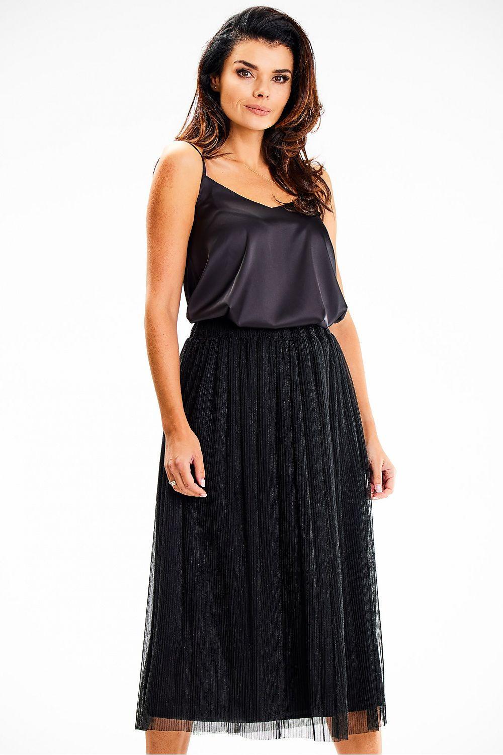 Black pleated midi skirt with shimmer mesh overlay and satin lining