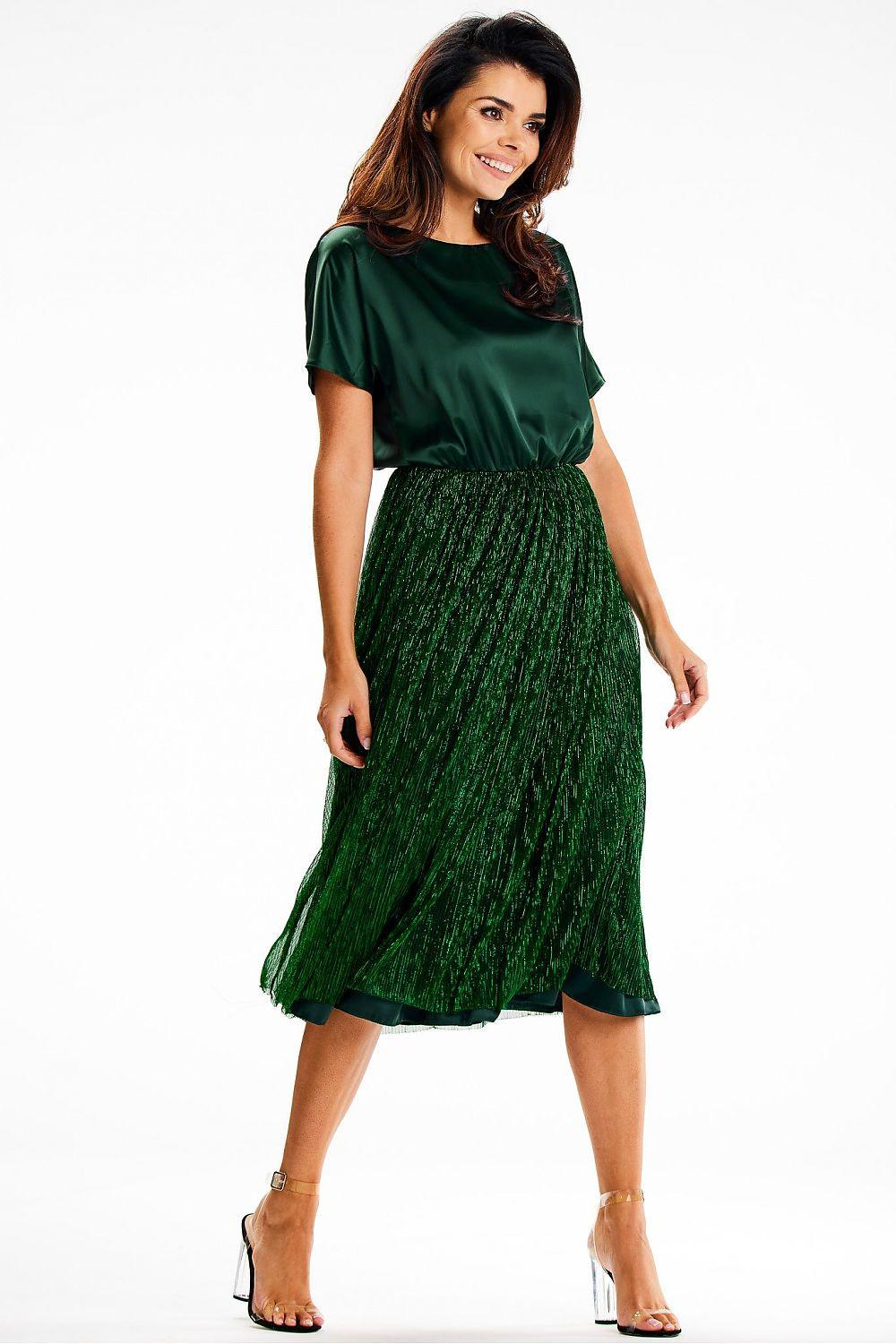 Green satin and mesh midi dress with short sleeves, ruched waist, A-line skirt