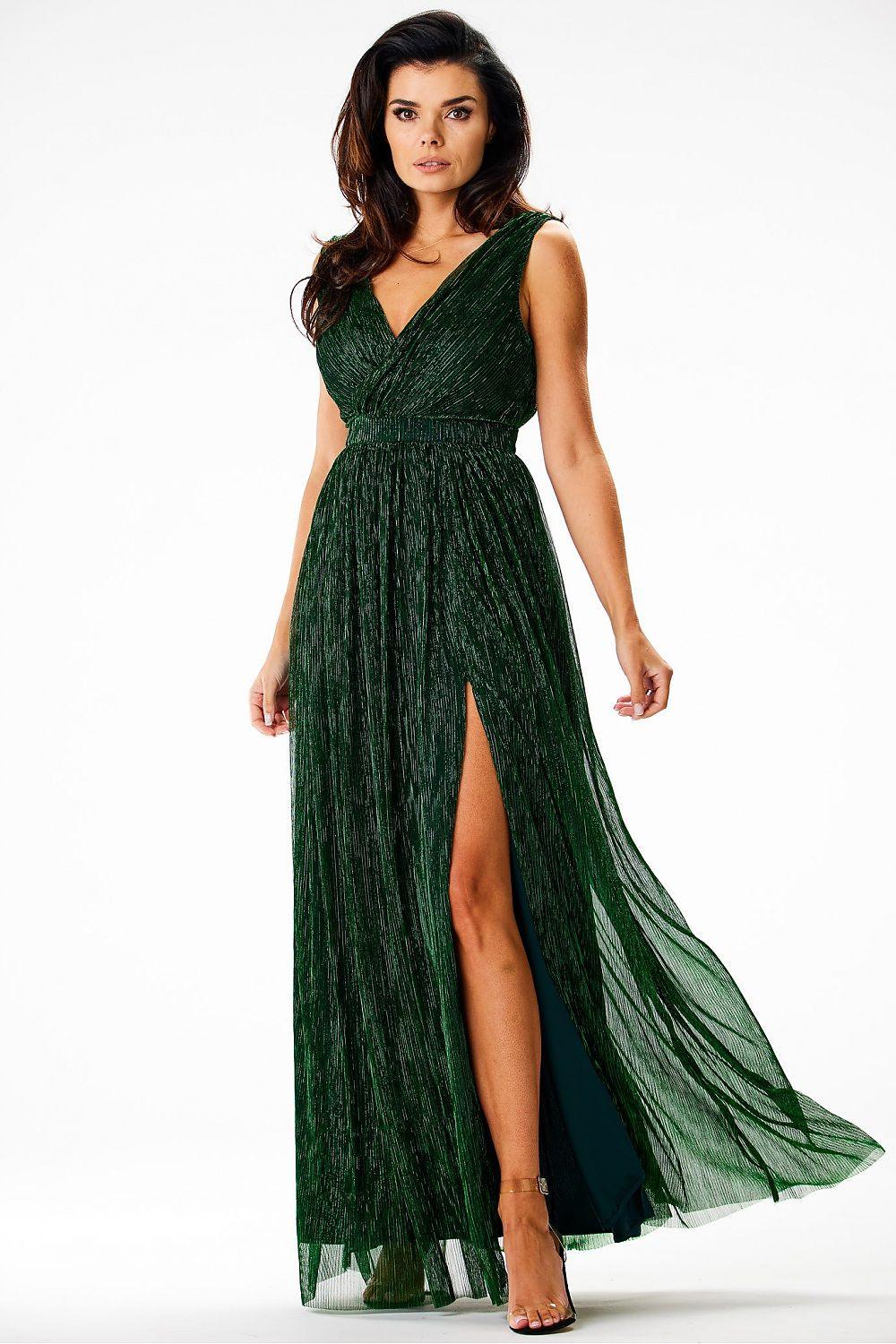 Green shiny mesh maxi dress with V-neck, sleeveless bodice and front side slit.