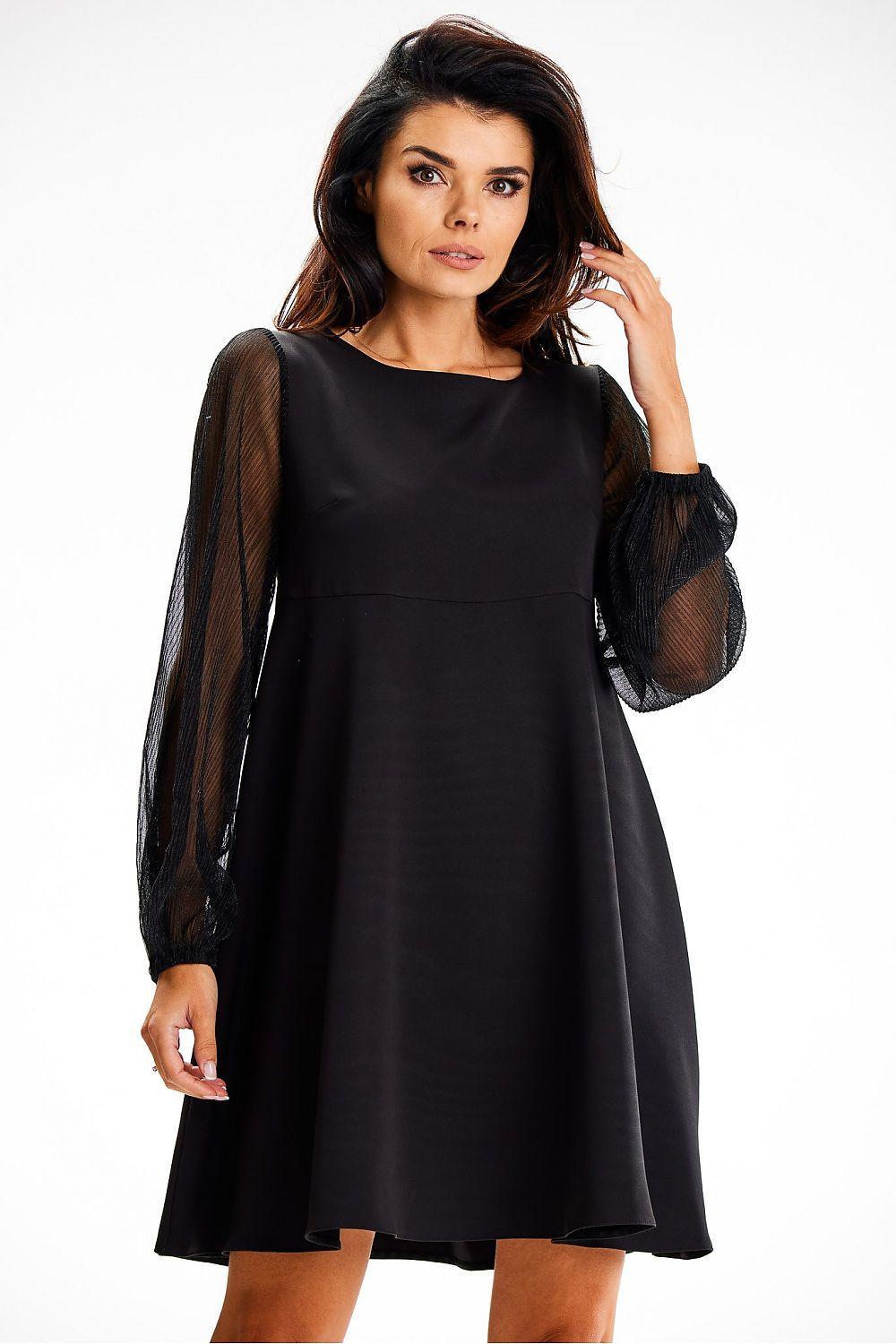 Black mesh-sleeve evening dress, flared skirt and round neckline
