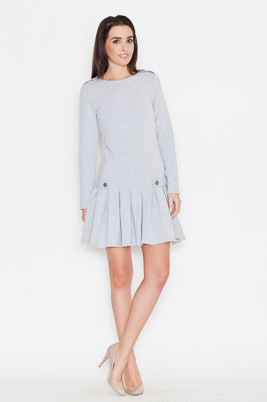 Grey long-sleeve pleated cotton day dress with button cuffs