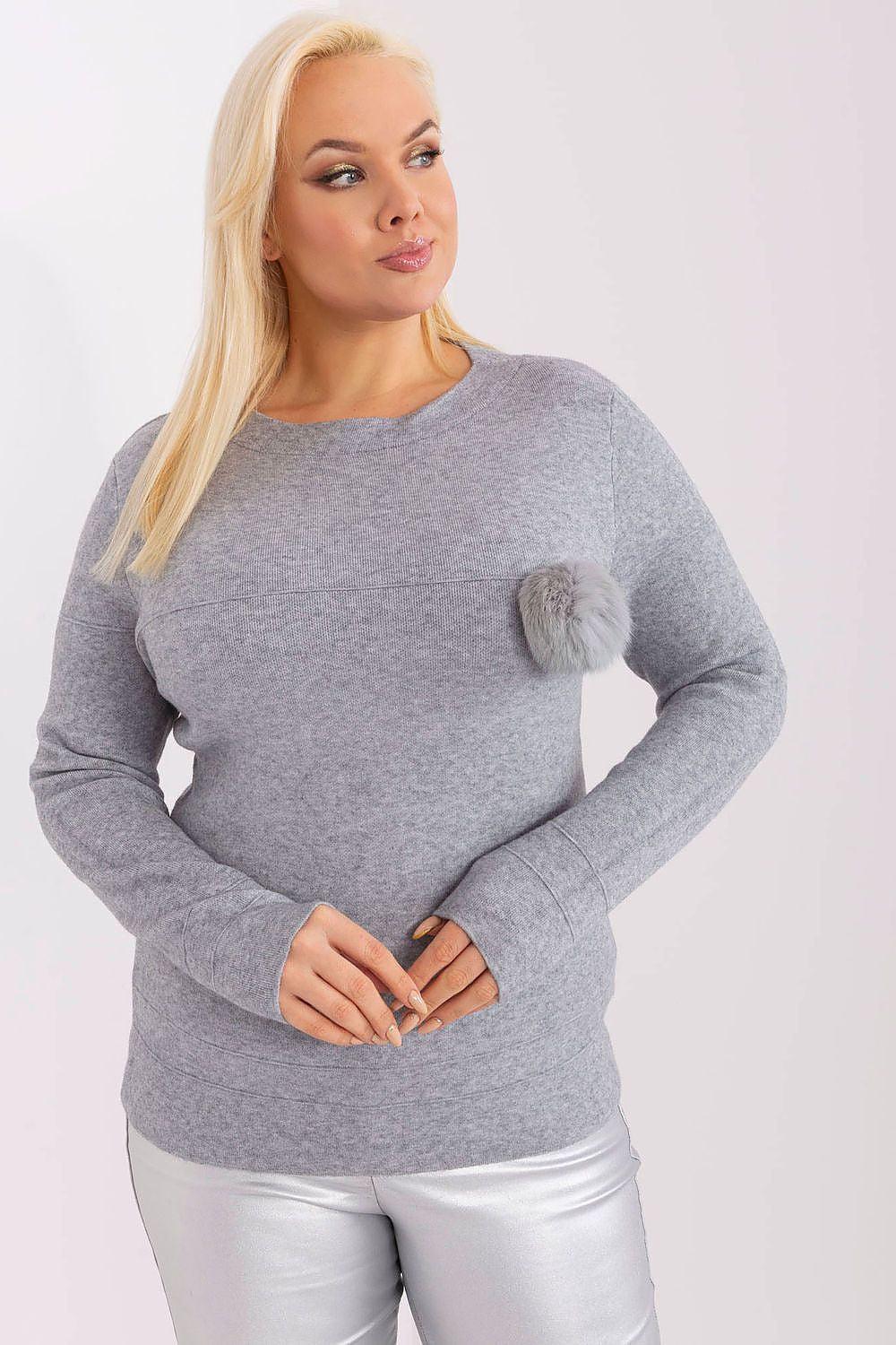 Grey plus size viscose jumper with pom-pom detail on left sleeve and crew neck