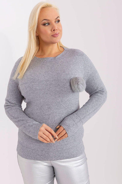Grey plus size viscose jumper with pom-pom detail on left sleeve and crew neck