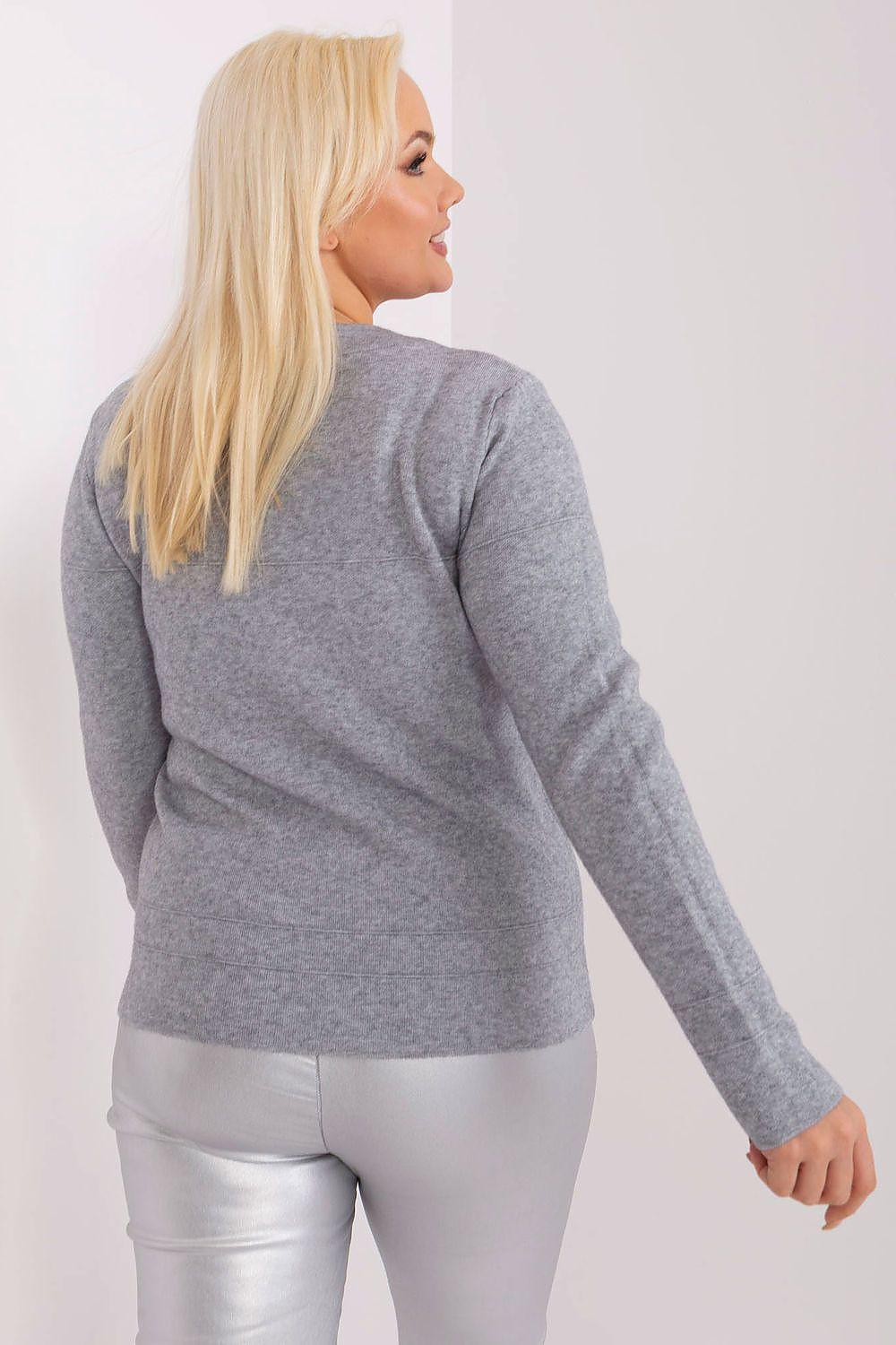 Grey plus size jumper back view with long sleeves and small pom-pom detail