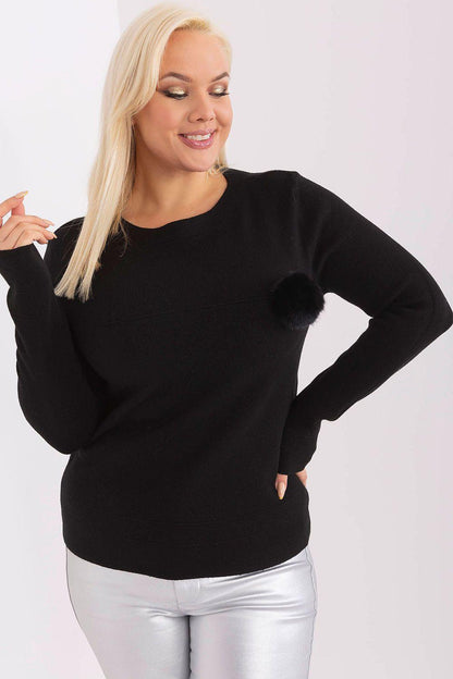 Black plus size viscose jumper with pom-pom detail at the shoulders and crew neck